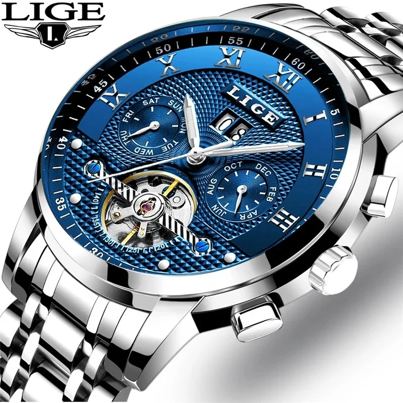 Hot sale LIGE 9841 New Men Watch Tourbillon Multi-function Waterproof Casual Luxury Automatic Mechanical Watches +Box