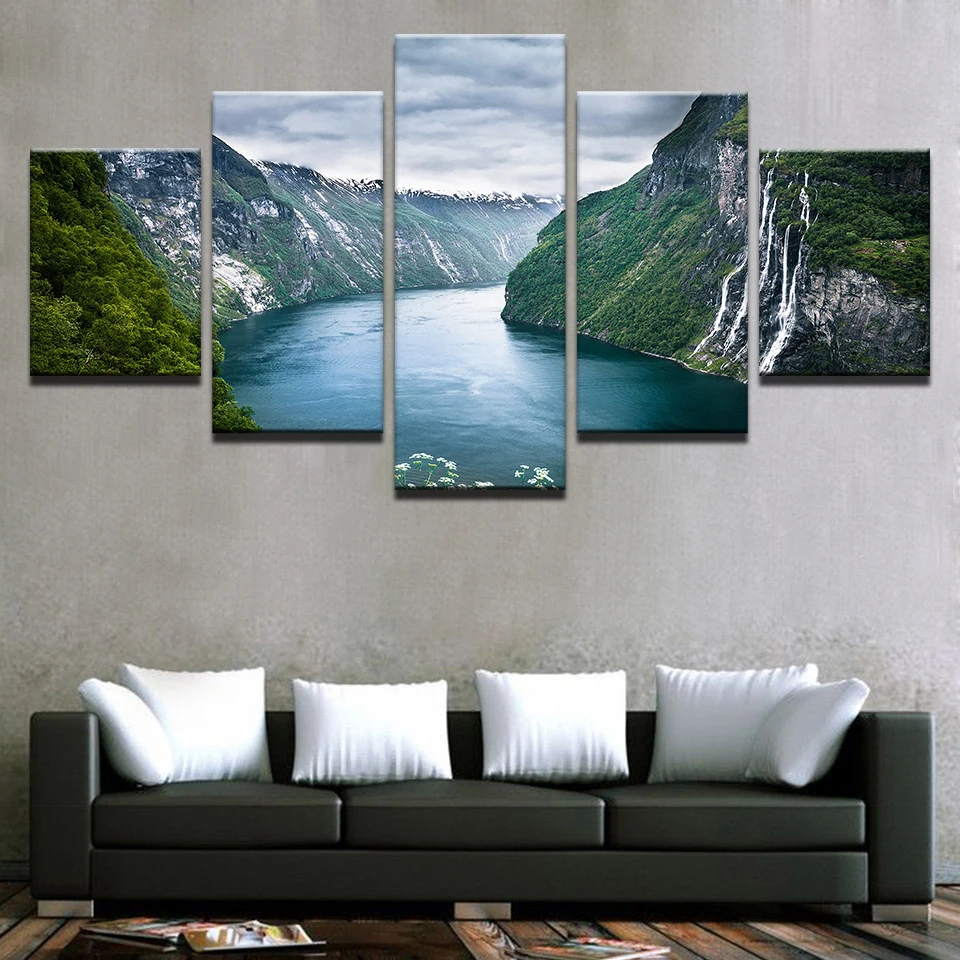 Home Canvas Pictures Living Room Decor Wall Art Landscape Paintings Mountain and River Poster Prints Natural 5 Pieces Green 5set