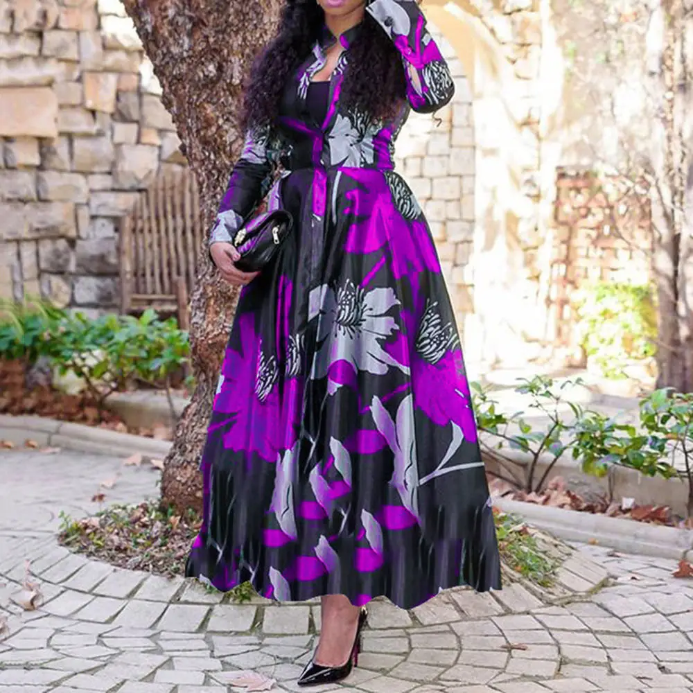 GOTS Verified Summer Plus Size Dress  Women Pleated Maxi Dresses Evening Party Long Floral Printing Dress