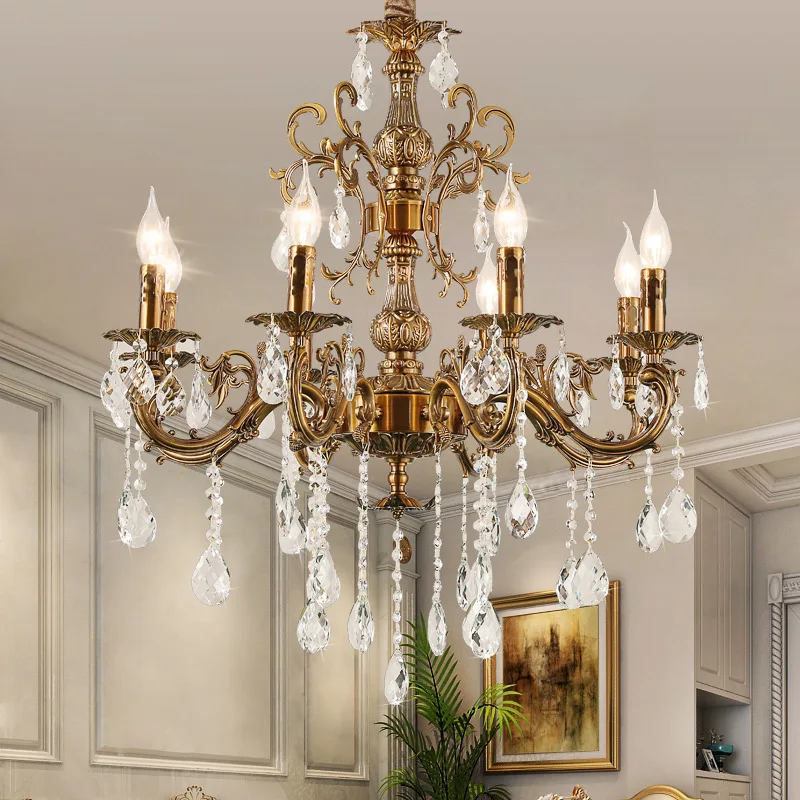 European zinc alloy crystal chandelier luxury living room lamp atmospheric dining room lamp retro copper bedroom study lighting