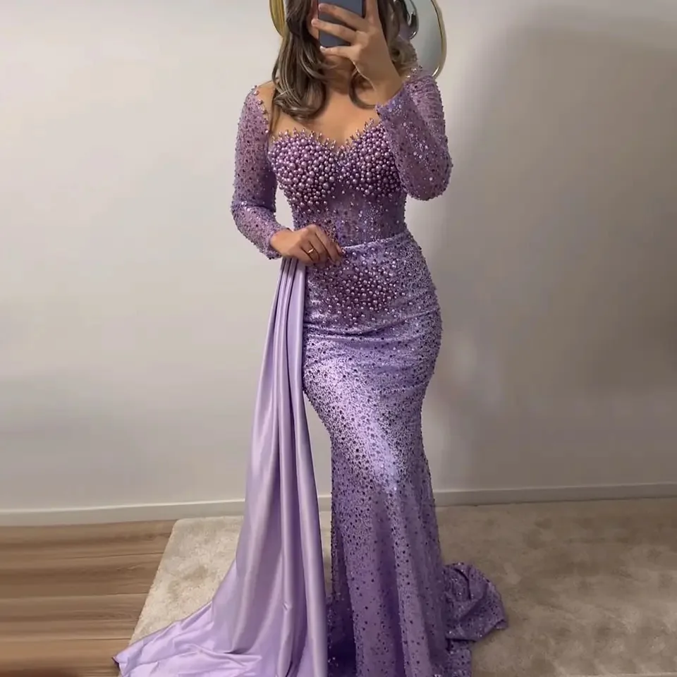 Purple Mermaid Elegant With Overskirt Luxury Pearls Beaded Evening Dresses Gowns for Women Wedding Party