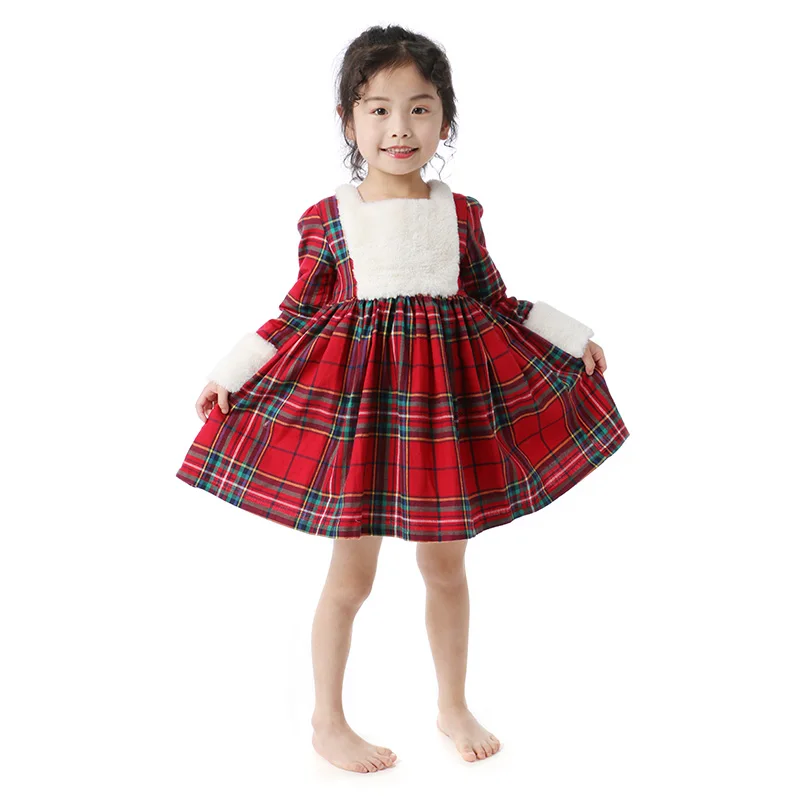 Wholesale Plaid Christmas Kids Baby Girls Party Dress Red Plain Lace Girls Dress