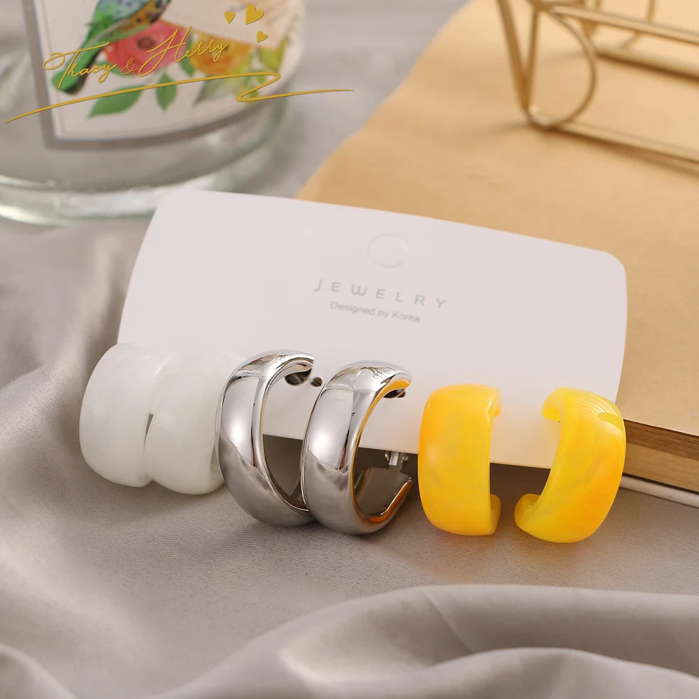 Tracy & Herry Exquisite 925 Sterling Silver Jewelry Bridal Hoop Earrings Dangle Geometric Resin Acrylic Metal Alloy Earring Set