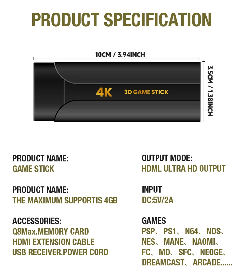 zoku Q8max  Game Stick 64G ROM Simulators Dual Wireless Controller Video Game Stick  HD 40000 Retro games