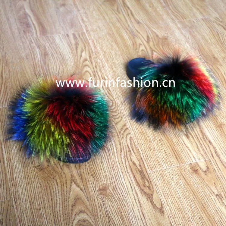 
Custom Real Multi-color raccoon fur slippers soft fur slides for Fashion Women 