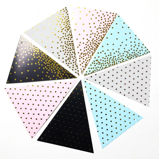 hotsale 10 pcs pack gold dot stamping Pennant white black pink blue Pull Flag Birthday Party Decoration Happy Birthday Banner