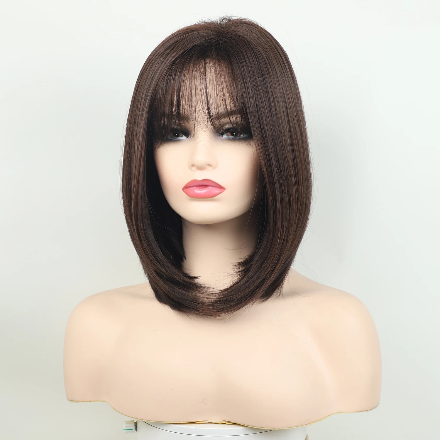 Wholesale none lace wig long silky straight synthetic wigs long dark brown bob hair with bangs
