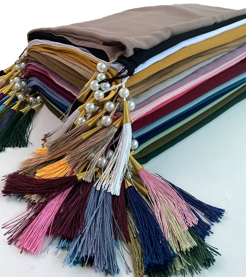 Bubble Chiffon Solid Color muslim Scarf Long Soft Wrap Shawl Scarves Beaded Pearls Hijabs Tassel Scarf HW426