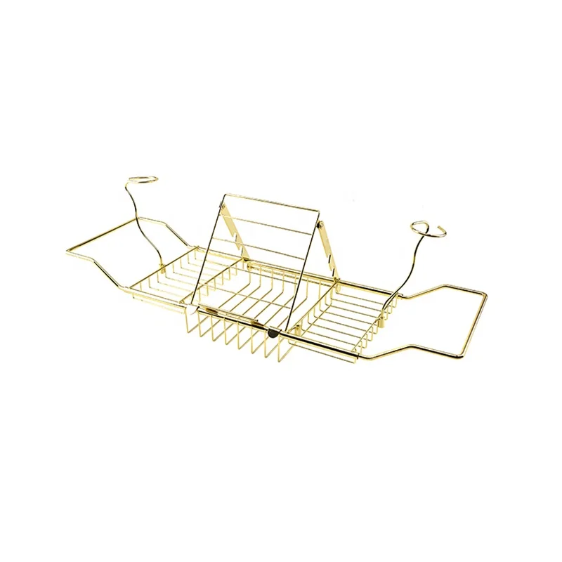 Wholesale Bathroom Removable Carbon steel Bath Organizer Bathtub Caddy Tray With Wine Glass Holder