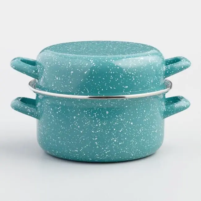 20cm 2L enamelware cookware Green speckled Turquoise sea fish Enamel steel Mussel Pot with lid
