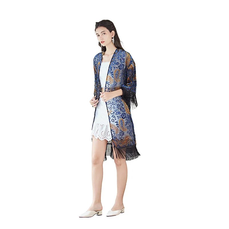 Women velvet tassel three quarter sleeve kimono cardigan