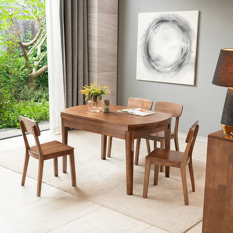 American Retro Wood Furniture Family Dinner Retractable Folding Transform Wooden Dining Room Table