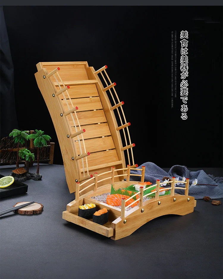 Japanese Restaurant Bamboo Arch Bridge Sushi Boat Plate Tray Large Wooden Sashimi Serving Sushi Bridge Hokkaido