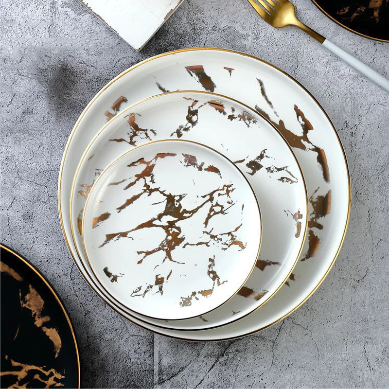 Wholesale Tableware Nordic Style Black Marble Design Dishes Round Ceramic Plates Sets Porcelain Dinnerware Flat Restaurant Plate