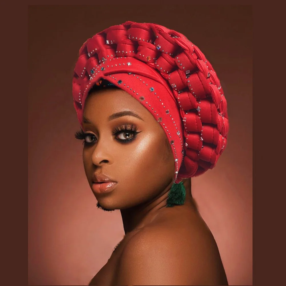 2021 New African Auto Gele Aso Oke Headties Muslim Turban Nigerian Wedding Gele Ready To Wear Autogele Head Wraps Durag