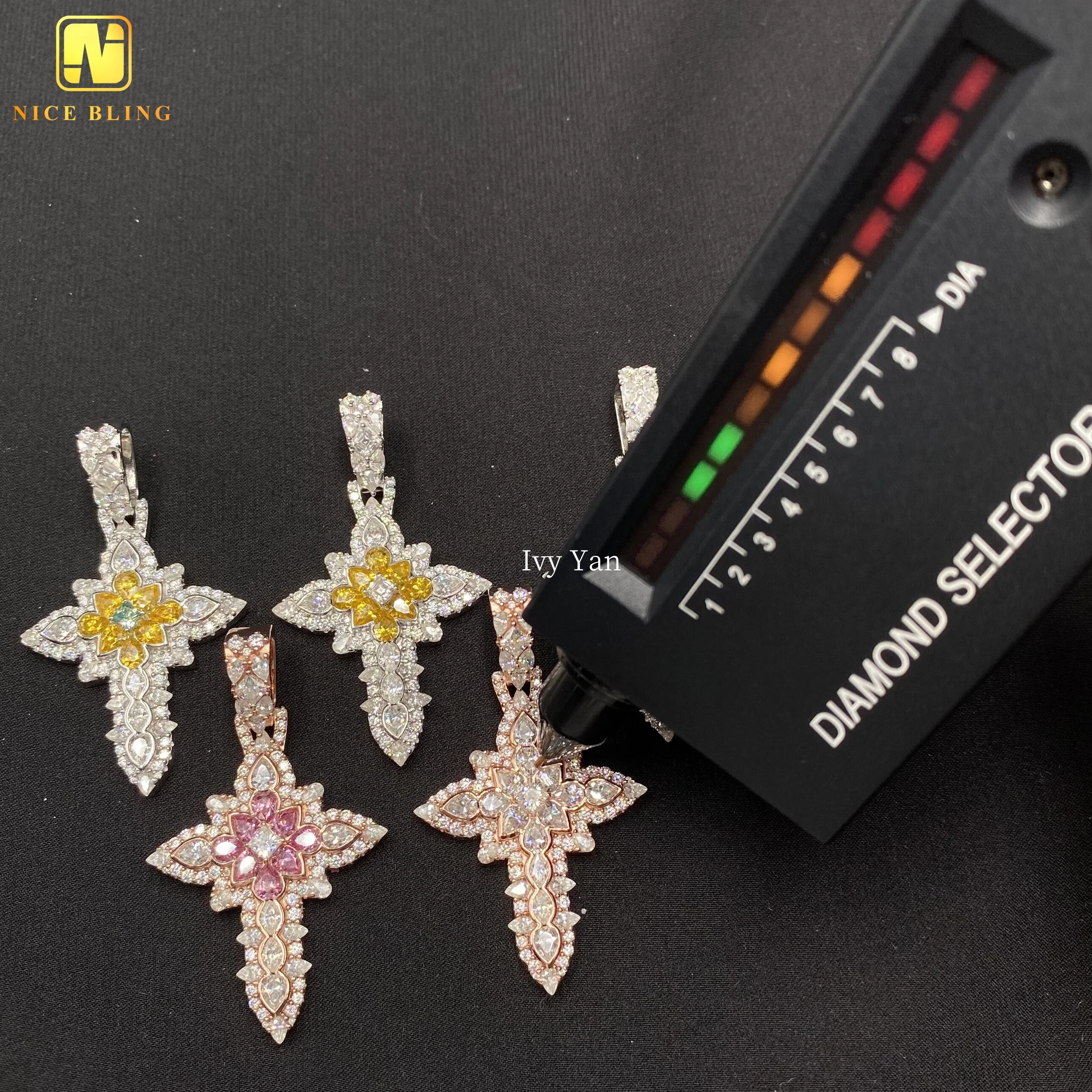 New Arrival Pear Cut Iced Out Custom Hip Hop Jewelry Pendant Cross Shape Flower 925 Sterling Silver VVS Moissanite Pendant