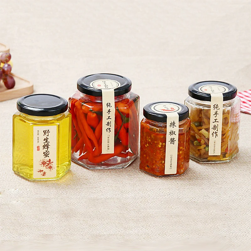Wholesale Transparent Hexagon Glass Jar  Glass Honey Jam Jar with Metal Lid