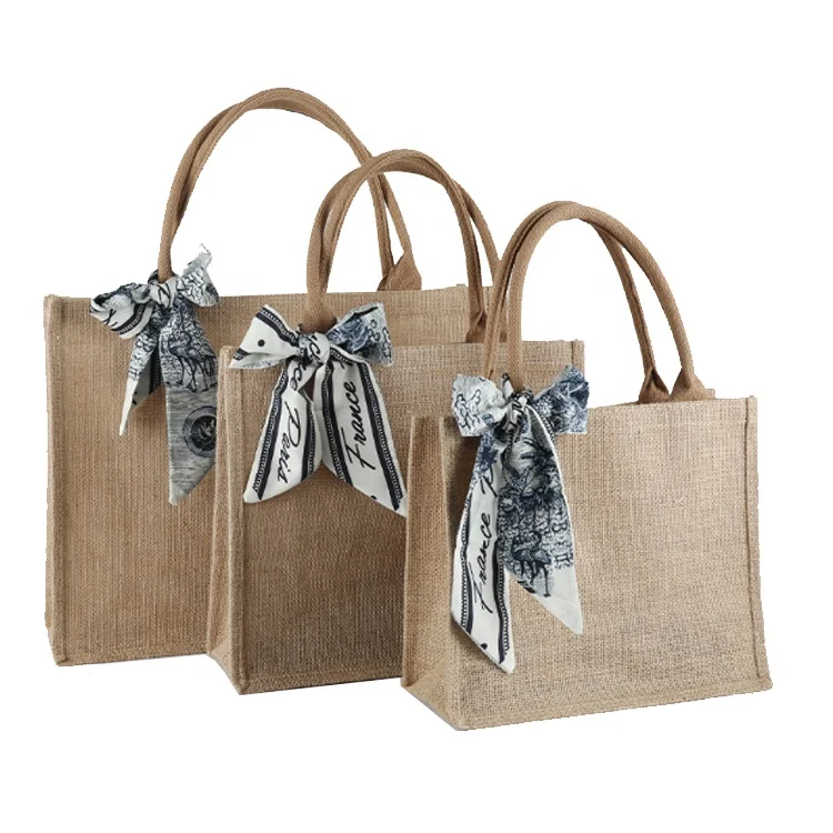 KAIFEI Durable Nature Jute Tote Bag Burlap Bag with round handle off-the-shelf product