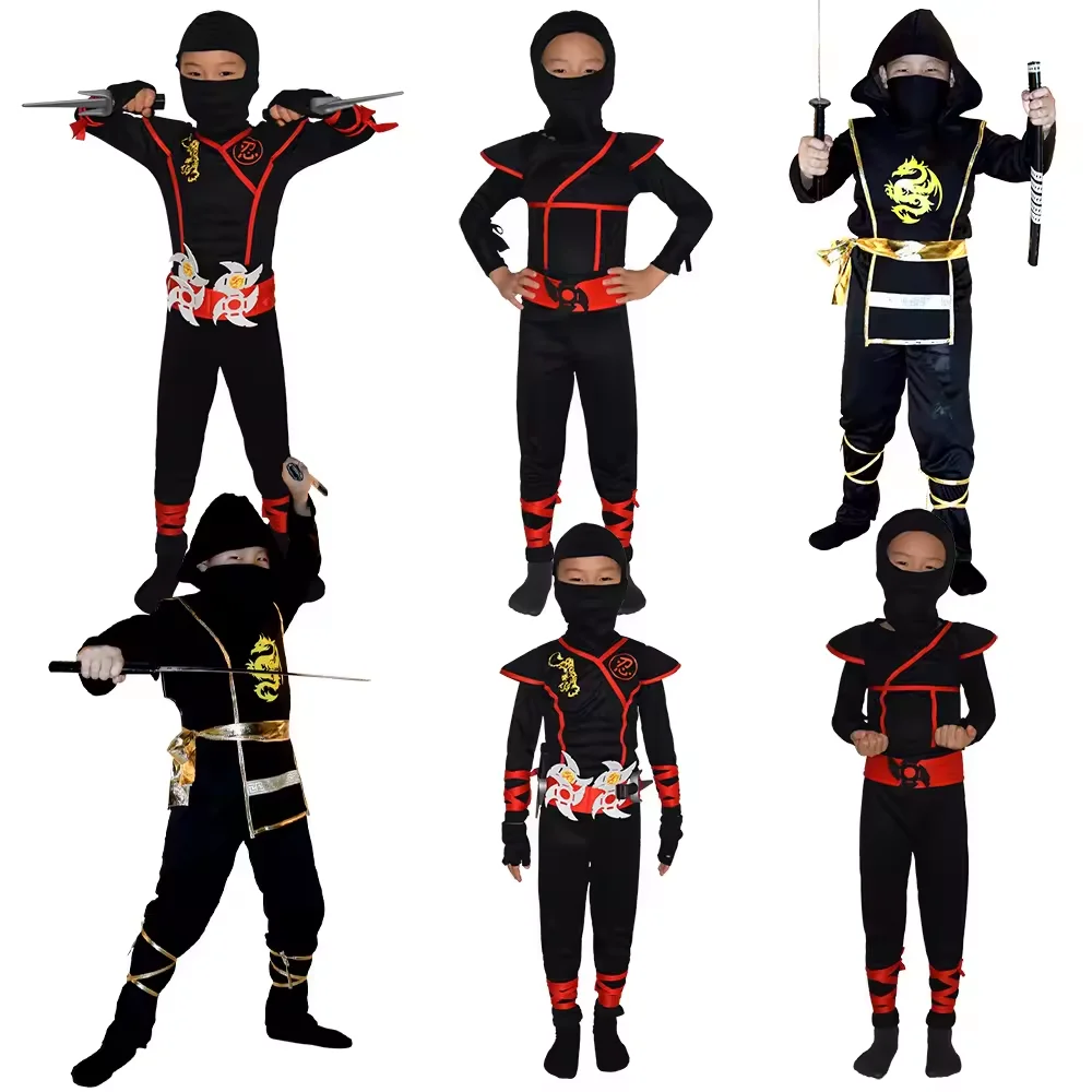 Ninja Costume Muscle Chest Power Ninja Suit Cosplay Boys Girls Party Fancy Dress Dagger Knife Darts Carnival Swordsman Warr Suit