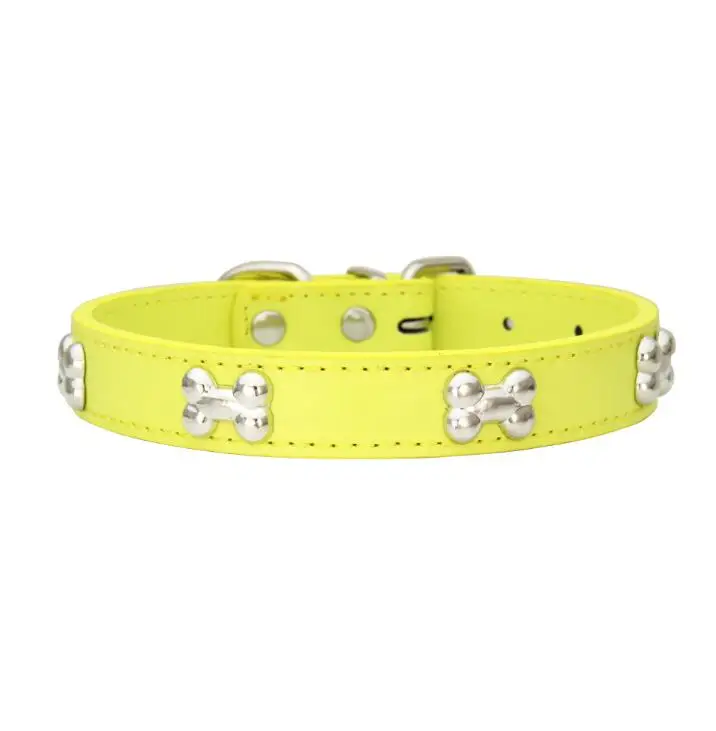 Dog products 15 colors studded bone dog leather collar for wholesale Adjustable pet collars