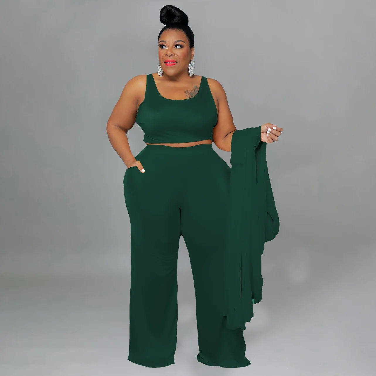hot selling products 2024 Stylish Fashion casual  solid color plus size women clothing 3 piece sets