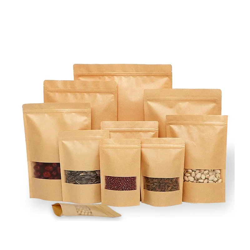 Biodegradable Brown Kraft Paper Food Bag matte window Stand Up Pouch Kraft Paper Doypack For Tea