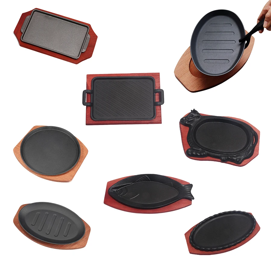 Cast iron sizzler plate cow shape steak pan outdoor cookware sizzling steak plate sizzling plate with wooden base