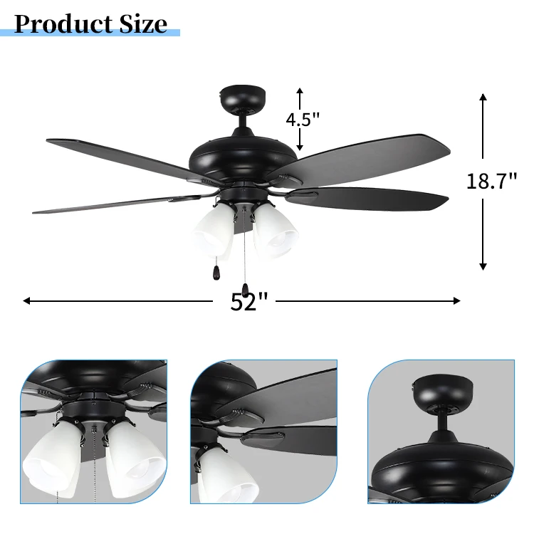 Modern Design Silent 5 Blades Black Led Ceiling Fans 52 Inches Decorative Ceiling Fan For Bedroom