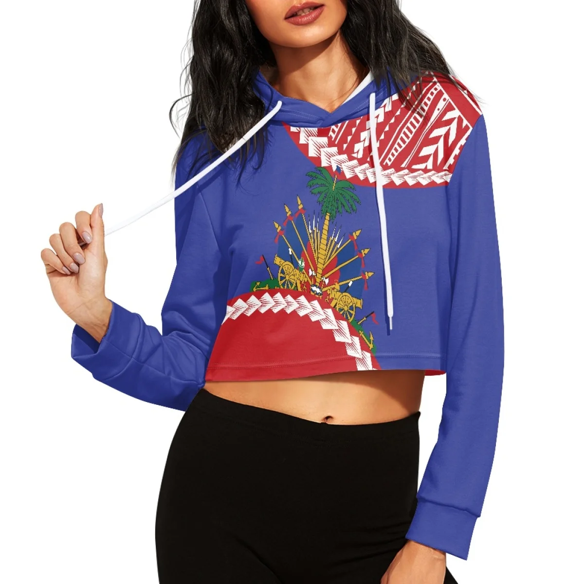 Leak Navel Cropped Hoodie Polynesian Tattoo Tahiti Designer Long Sleeve Drawstring Sweatshirt Tops Wholesale Popular Pullover
