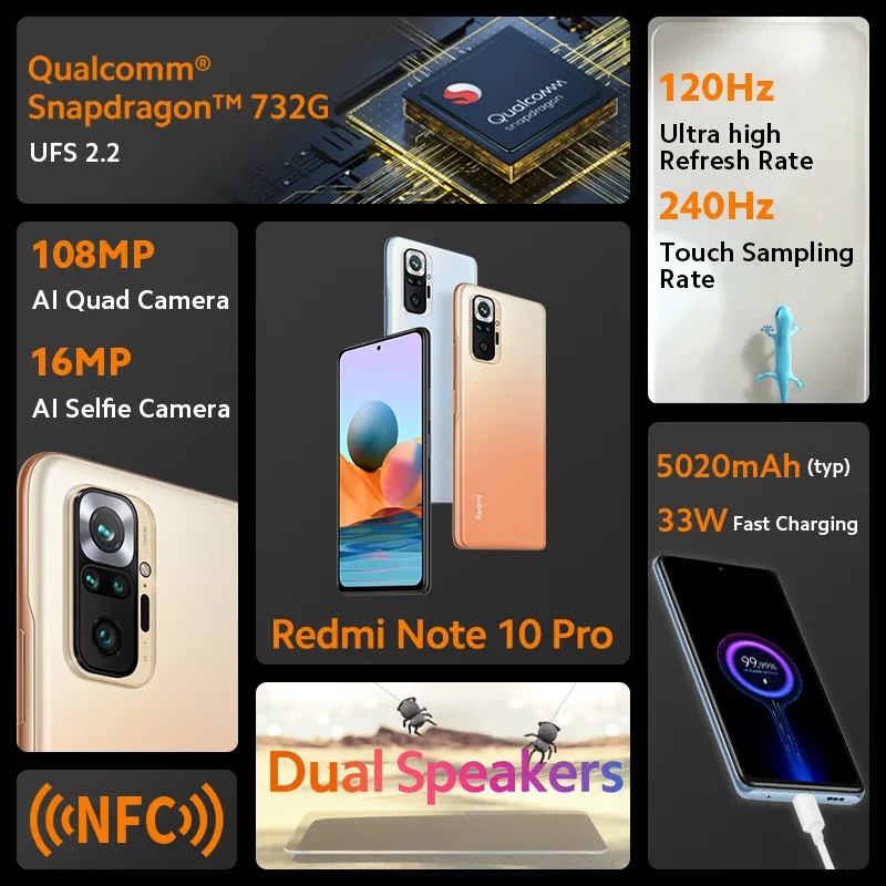 Global Version Xiaomi Mobile Redmi Note 10 Pro 6GB RAM 64GB DotDisplay 6.67 Snapdragon 732 5020mAh Smartphone Xiaomi
