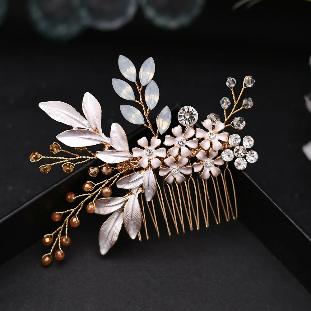 Гребень для волос с золотыми листьями и кристаллами, свадебный гребень для волос с кристаллами и цветами, аксессуары для волос с золотыми листьями, заколка для волос