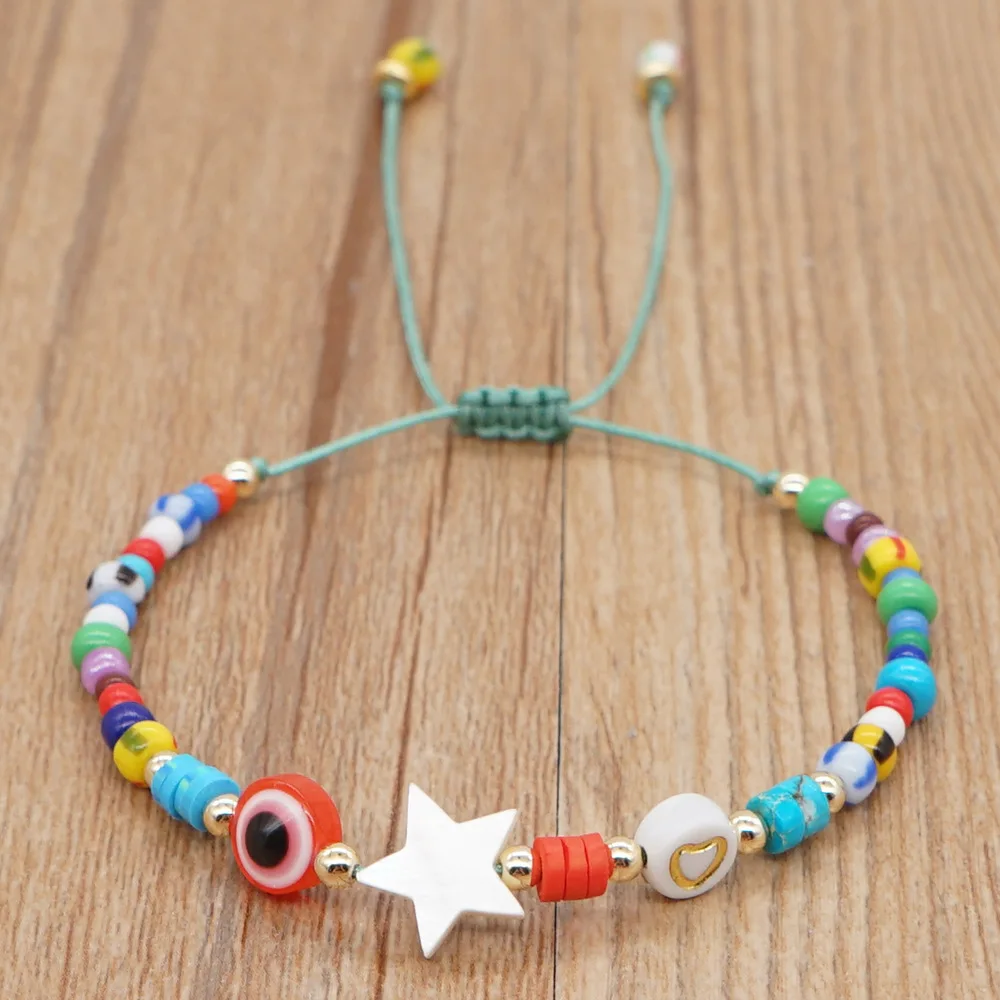 Adjustable Custom Bracelet Five-pointed Star Bead Woven Bracelet Boho Hand Beaded Rainbow Bracelet