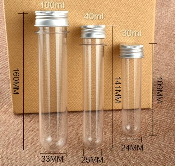 160*33mm Empty Food Grade 100ml PET Cylinder Plastic clear Silver Metal Aluminium Screw Lids Round Bottom test