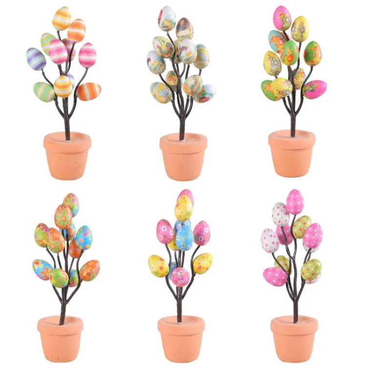2025 DIY Table Decoration Cartoon Printed Easter Egg Simulation Easter Egg Pot & Tree Shape for Holidays & Parties