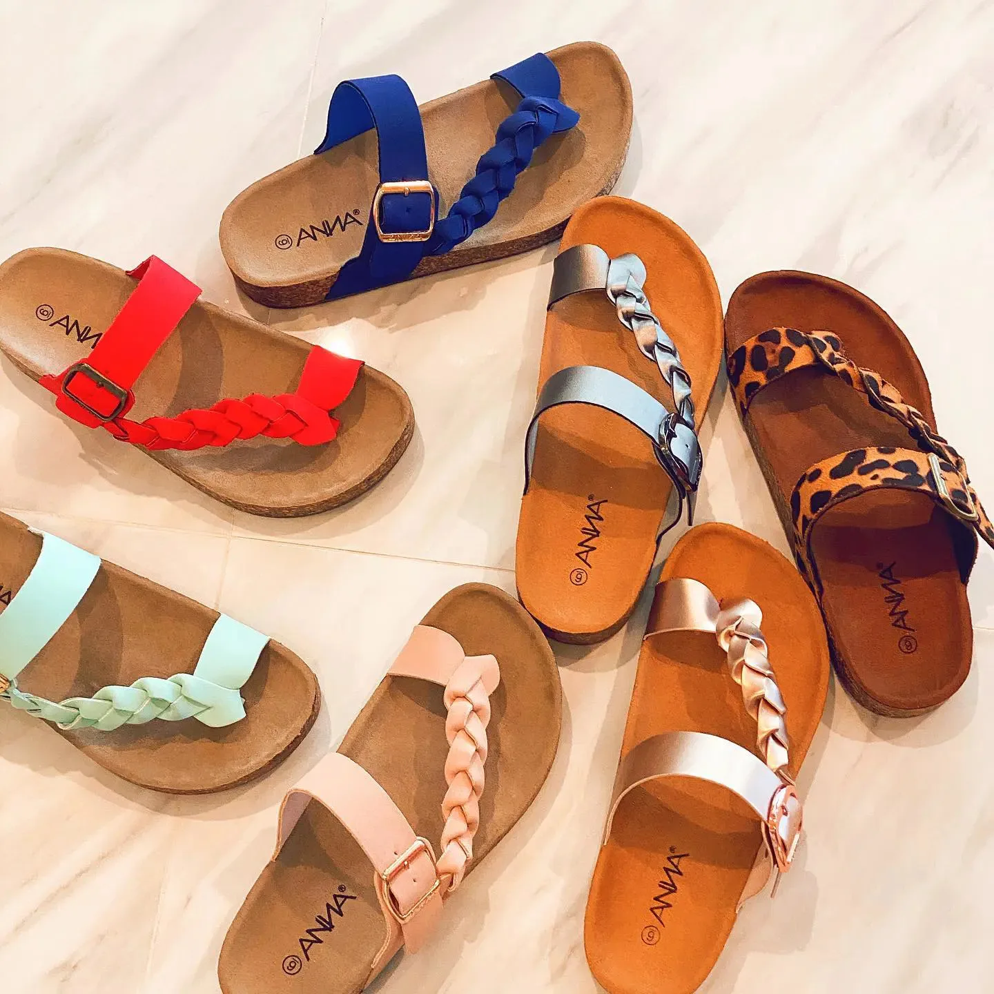 Factory supply New Style Slippers Pu Leather Buckle wholesale Cork women flat sandals with High quality eva rubber sole