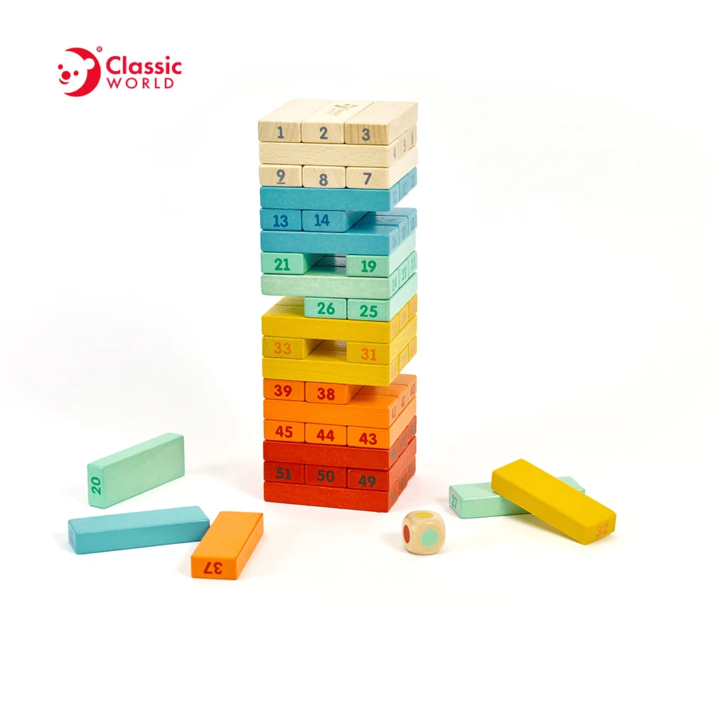 Classic World Early Educational Toys Wooden Dominoes Colorful Building Number Blocks Tower Game for Kids