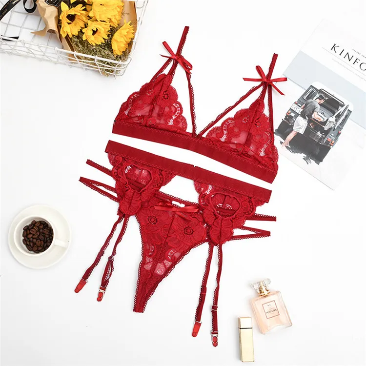 Lingerie Sexy Hot Erotic Intimates Bra Panty G-string Set Transparent Lace Open Bra & Brief Sets Underwear