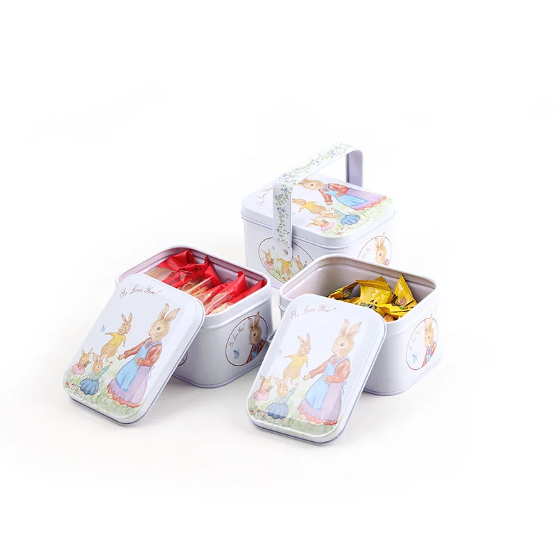 Rectangular Metal Cookie Box Cartoon Rabbit Printed Candy Tin Easter Bunny Gift Box Happy With Handle