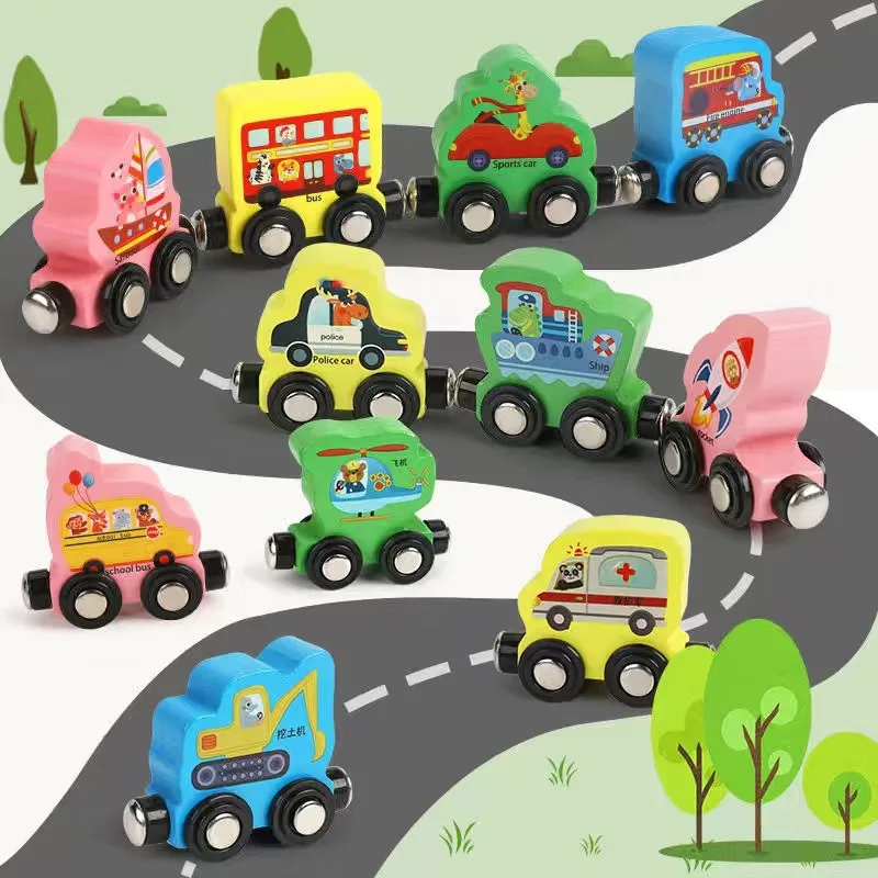 Wholesale baby wooden cartoon dinosaur magnetic alphabet digital assembly and dragging animal train blocks set toy car