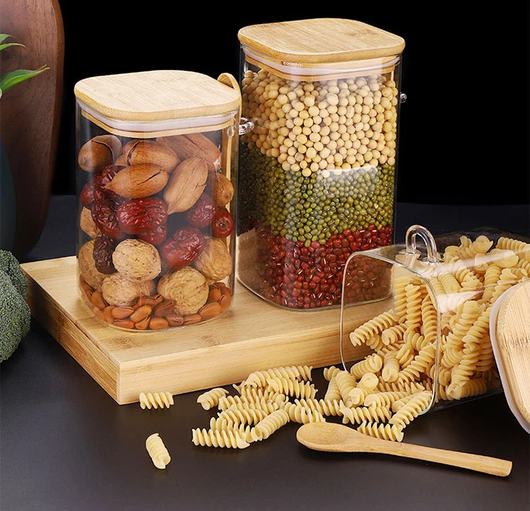 Hot Selling Wholesale Price Available Different Sizes Square Glass Jar With Bamboo Lid Spoon