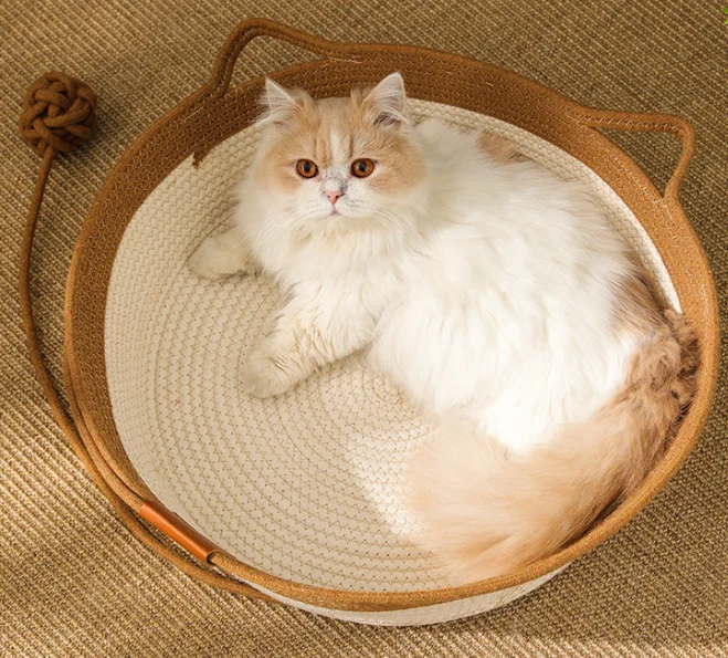 Small Cats Sofa Bed with Double Sided Mat Round Sleeping House Bed for Indoor Cat Cotton Linen Woven Cat Bed Basket