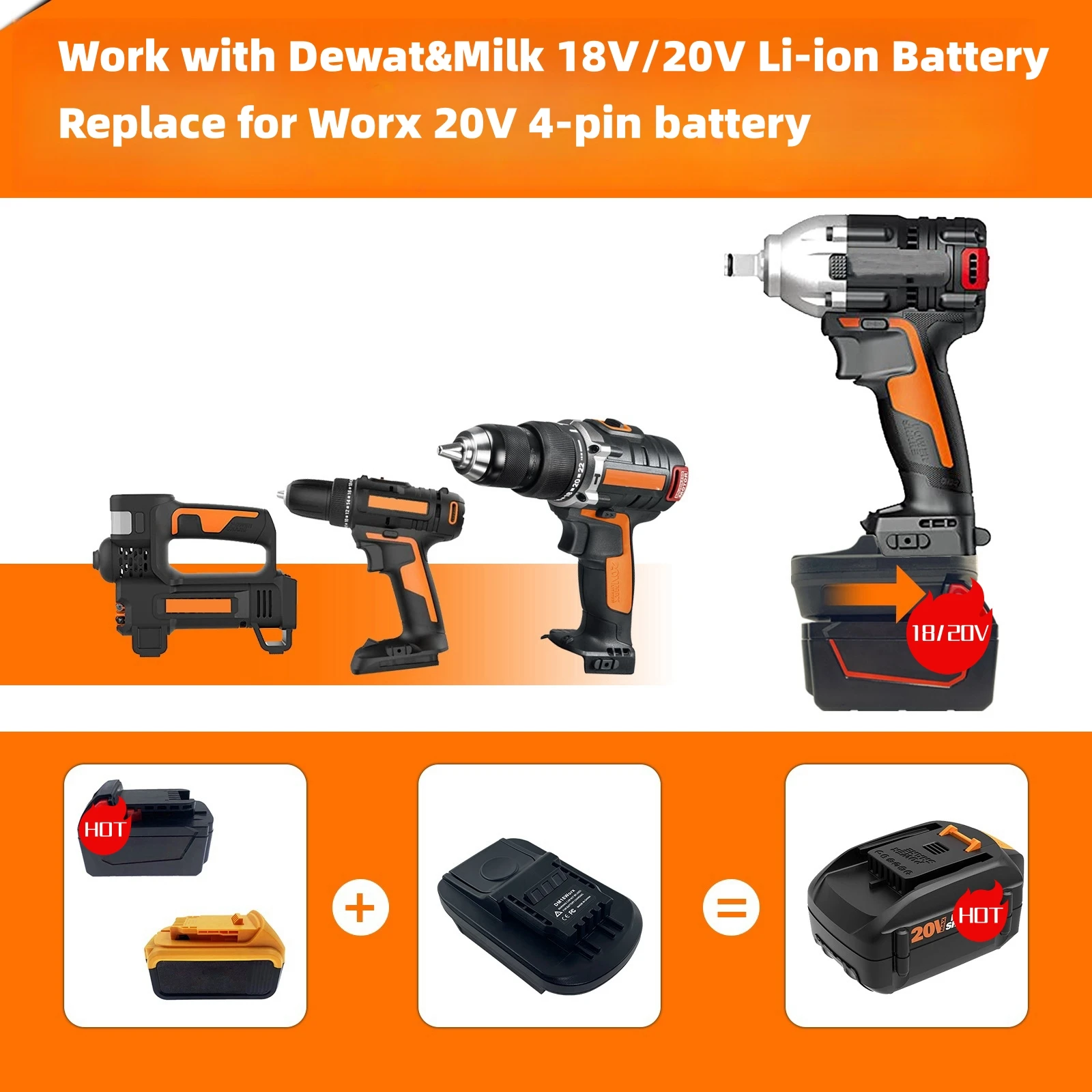 DM18Worx Adapter for MilK&Dewlt18/20V Batteries Convert for Worx 20V MAX WA3553 Power Share Lithium-ion battery