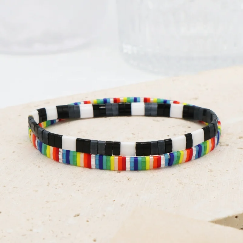 Wholesale Custom Colorful Miyuki Bracelet Jewelry Women Girl Gift Elastic Boho Flat Tila Tile Handmade Miyuki Seed Bead Bracelet