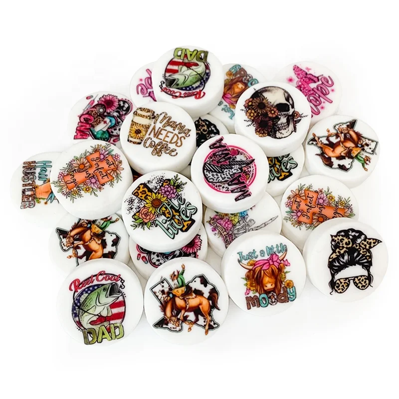 Wholesale Custom Cartoon animal printing Silicone Charms Focal Beads DIY baby  Accessories Jewelry Silicone teething Beads