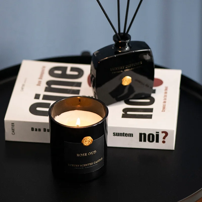 Luxury Black Home Fragrance Oil Reed Diffuser Candle Set for Man