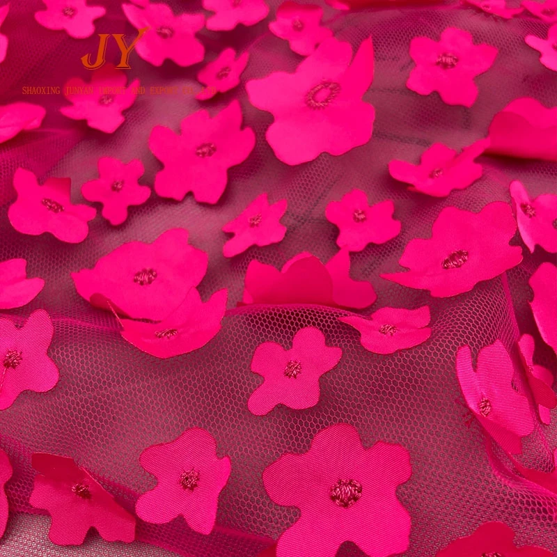 Newest Lady Lace Dress Design Fabric fushia Lace Fabric Beads With 3D Flower  Embroidery Lace Fabric