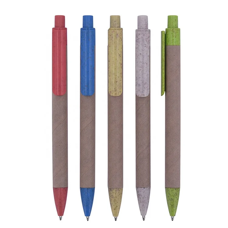 Wholesale Customization Retractable Ball Point Pen Colored Straw Clip Eco Friendly Paper Pen