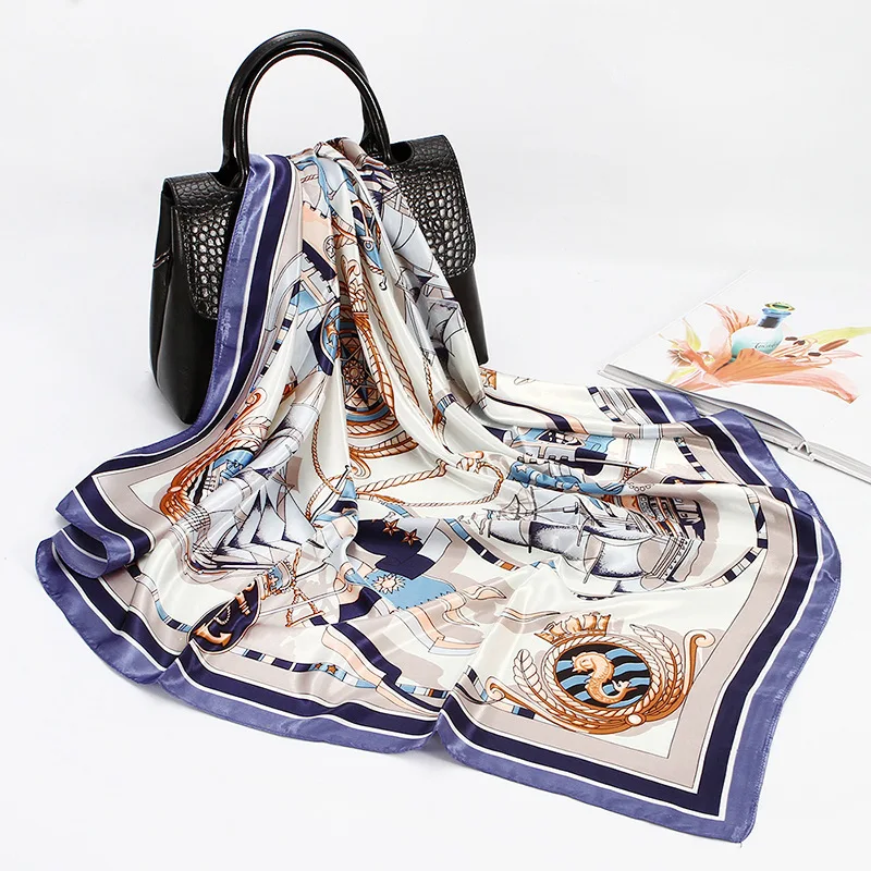 Шелковый шарф с цифровой росписью, женский модный квадратный головной шарф 90 см, роскошная брендовая бандана, шали, женский платок, атласный хиджаб, шарф