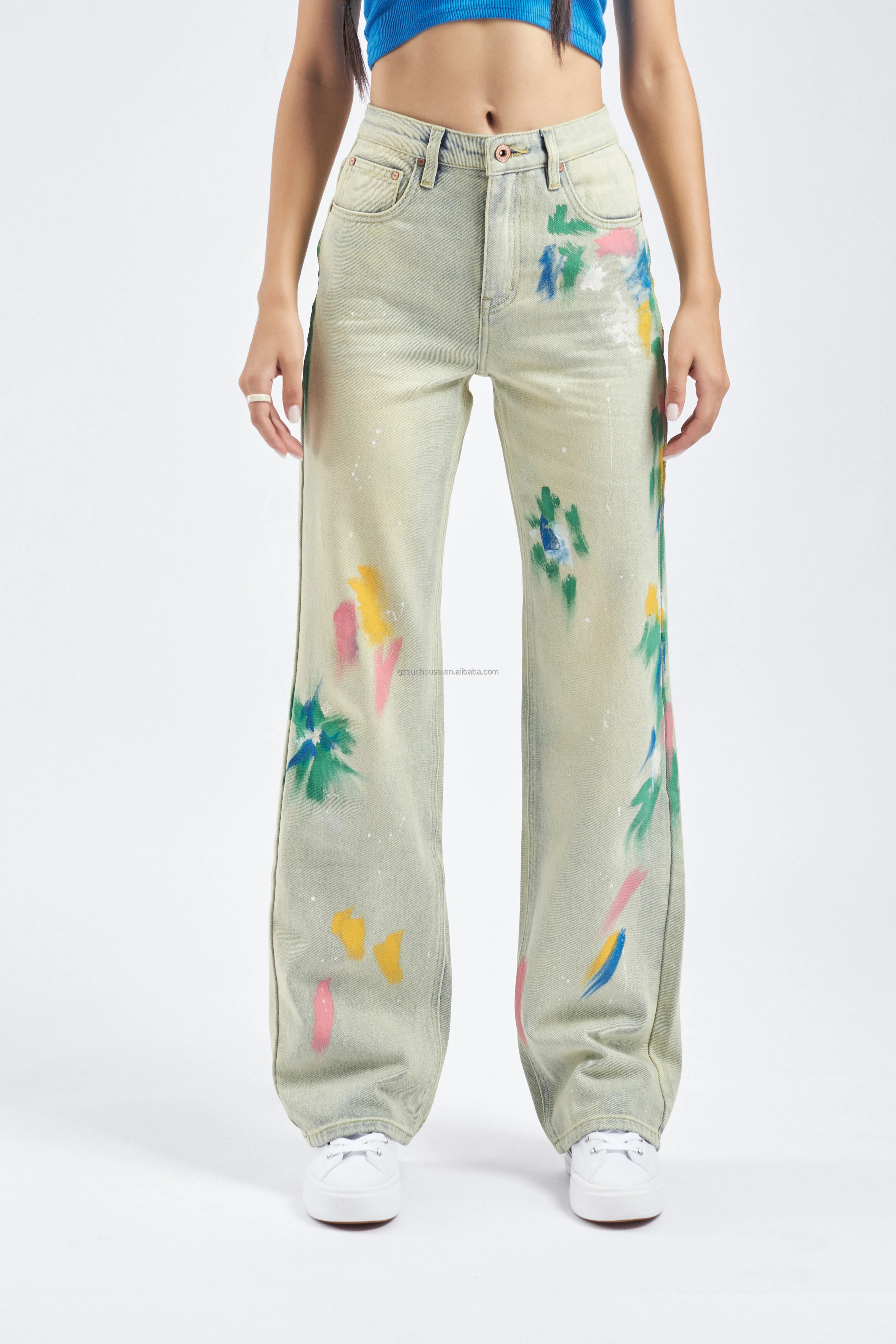 Custom Logo Cotton Denim Women Jeans Pants Trousers High Waist Straight Washed Ladies Wide Leg Jeans Jeans Men Streetwear