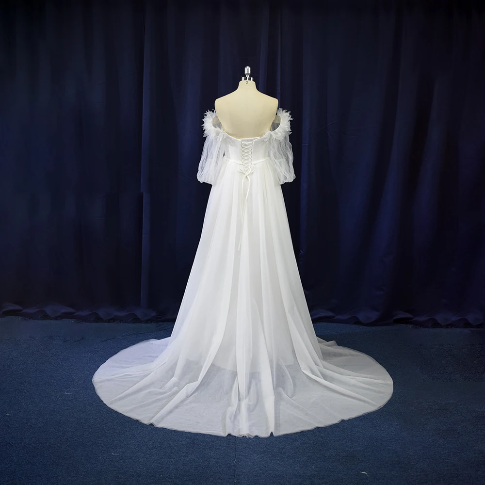 TEENYEE  Elegant  Off-shoulder Flare Feather Sleeves Chiffon A-line Wedding Bridal Gowns Dresses for Bride